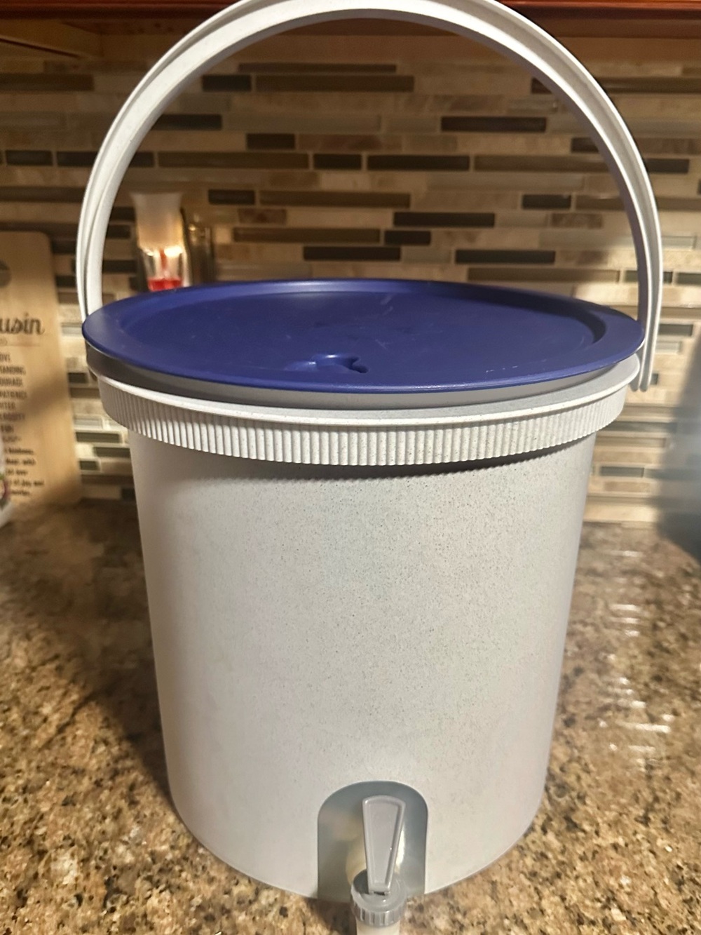 Tupperware Bucket Canister & Beverage Dispenser w/Handle - Grey Body, Blue Lid